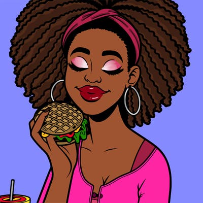 an african american woman eating a waffle burger realistic