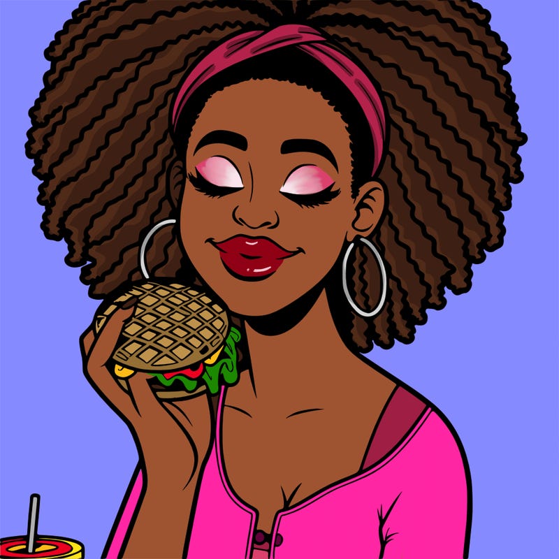 an african american woman eating a waffle burger realistic