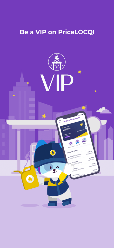PriceLOCQ - A mascot holding a smartphone showing the PriceLOCQ VIP loyalty and rewards screen