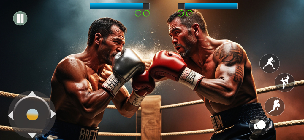 Boxing Games : Boxing Fight 3D - Dos boxeadores peleando en un ring con barras de salud y controles de juego móvil