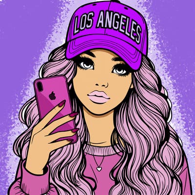 realistic beautiful girl wearing los ángeles cap holding an iphone