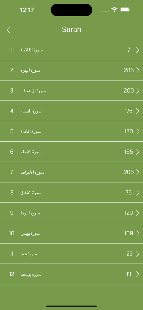 Arabic Quran Offline - Arabic Quran Offline app Surah index showing chapter titles in Arabic and verse counts