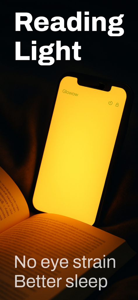 Reading Light Glowow - An iPhone screen using Glowow app to provide a warm yellow light for reading a book in the dark