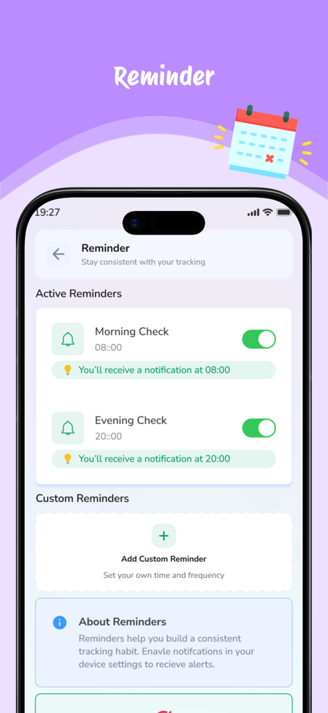 Blood Sugar Monitor & BP Track - Pantalla de recordatorios en la aplicación de seguimiento de la salud que muestra los horarios de comprobación matutinos y vespertinos para monitorizar las constantes vitales.