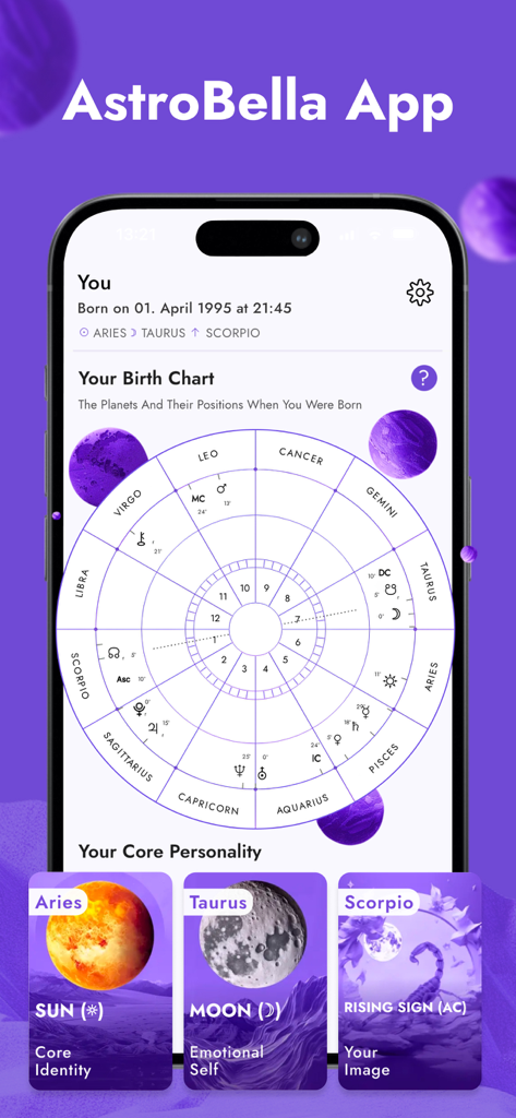 Écran de l'application AstroBella montrant un thème natal astrologique personnalisé avec les signes du Soleil, de la Lune et de l'Ascendant.