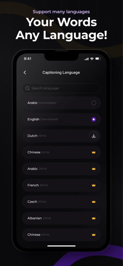 Live Caption & Translation - Una interfaz de aplicación móvil que muestra una lista de idiomas disponibles para subtítulos y traducción en vivo, incluyendo inglés, árabe y chino.