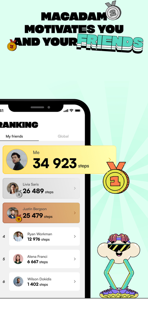 Macadam, The Step Counter. - Macadamアプリのランキング画面。友人間の歩数競争とメダルを表示。
