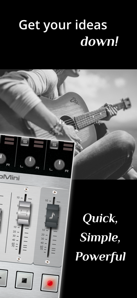 StudioMini - Music Recorder - StudioMini multitrack music recorder interface with a guitarist in the background