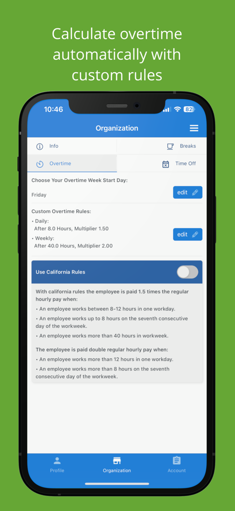SINC app screen displaying automated overtime calculation settings and custom rule configurations for business compliance.