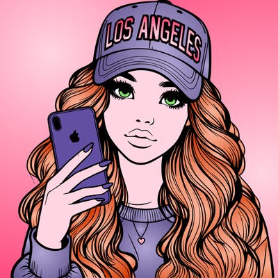 realistic beautiful girl wearing los ángeles cap holding an iphone