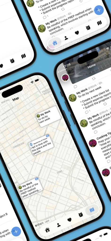 TwiNotes - TwiNotes mobile app interface showing a map view with pinned notes and a social media style note feed.