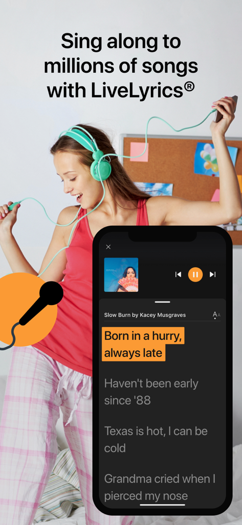 SoundHound∞ - Music Discovery - ヘッドフォンをした女性が背景にいる、LiveLyrics機能を映し出すSoundHoundアプリのインターフェース