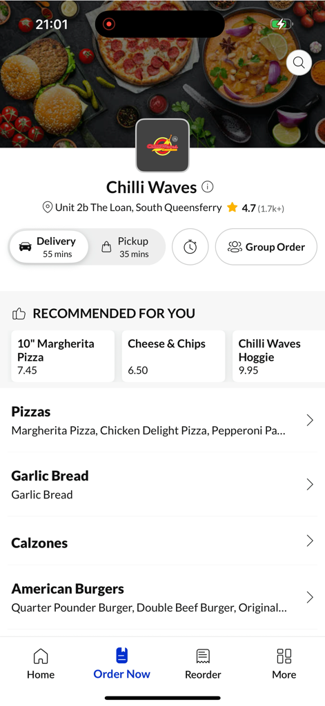 Chilli Waves South Queensferry - Chilli Waves app home screen showing menu categories and delivery options