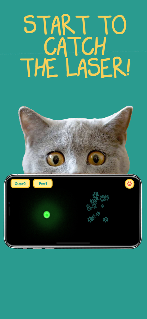Cat laser pointer  - Pet fun - Un gato asomándose por encima de la pantalla de un teléfono inteligente que muestra un juego de puntero láser digital