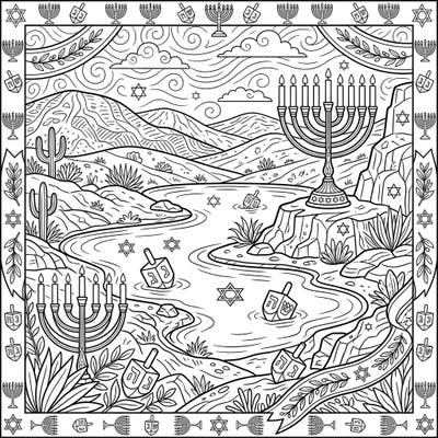Immerse yourself in a festive desert landscape with this unique Hanukkah coloring page. Discover menorahs, dreidels, and Stars of David nestled among serene desert lakes and majestic mountains, perfect for a peaceful coloring session.