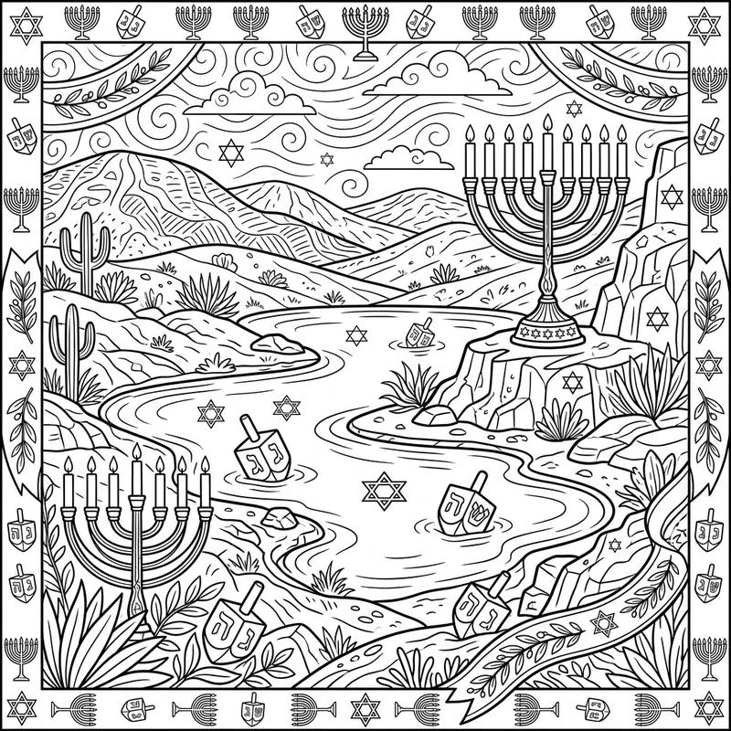 Immerse yourself in a festive desert landscape with this unique Hanukkah coloring page. Discover menorahs, dreidels, and Stars of David nestled among serene desert lakes and majestic mountains, perfect for a peaceful coloring session.