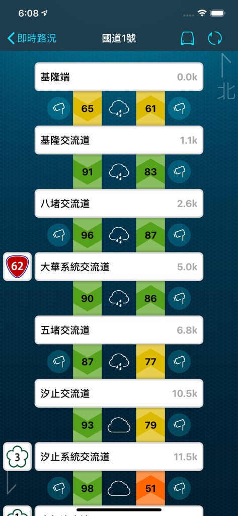 樂客車聯網 Autoking - Autoking mobile app screen displaying real-time traffic flow speeds and weather conditions for National Highway 1 in Taiwan