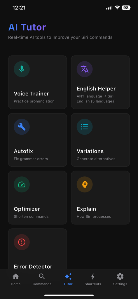 App For Siri Commands Tips - Pantalla del Tutor de IA que muestra herramientas de mejora de comandos de Siri como Entrenador de Voz Asistente de Inglés y Autofijación