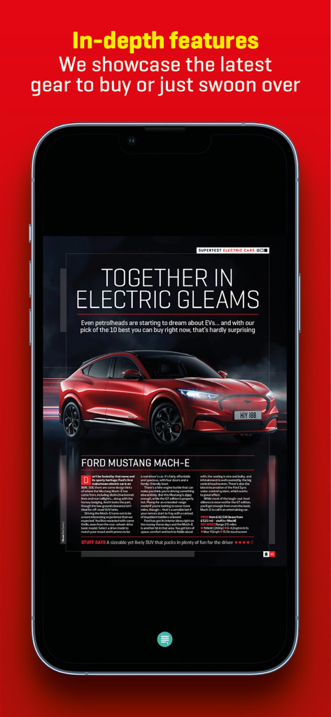 Stuff Magazine app showing a feature article about the Ford Mustang Mach-E electric car
