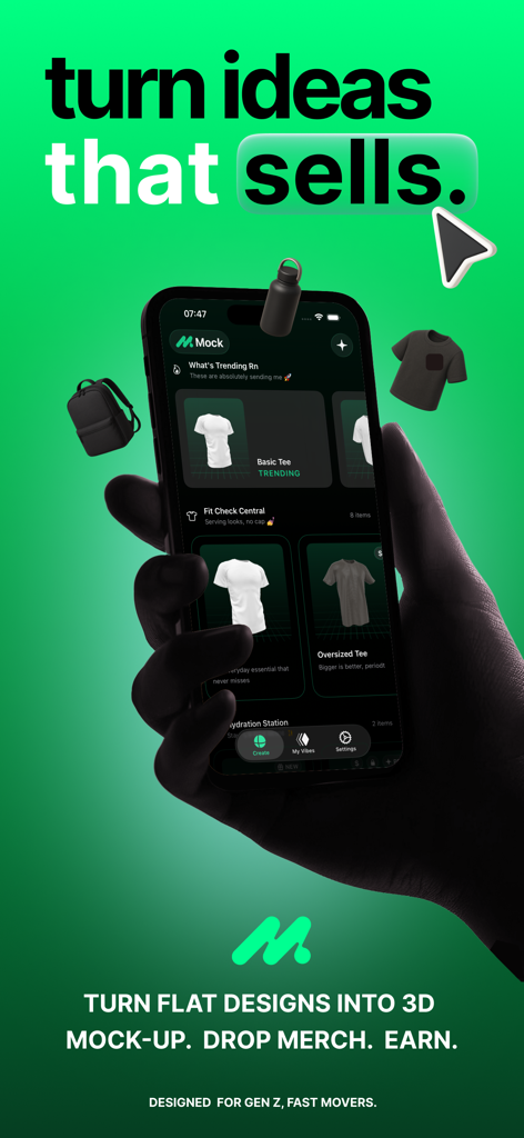 Mock・3D Mockups・Cloth Designer - Mock app interface on a smartphone showing 3D t-shirt design mockups for fashion entrepreneurs