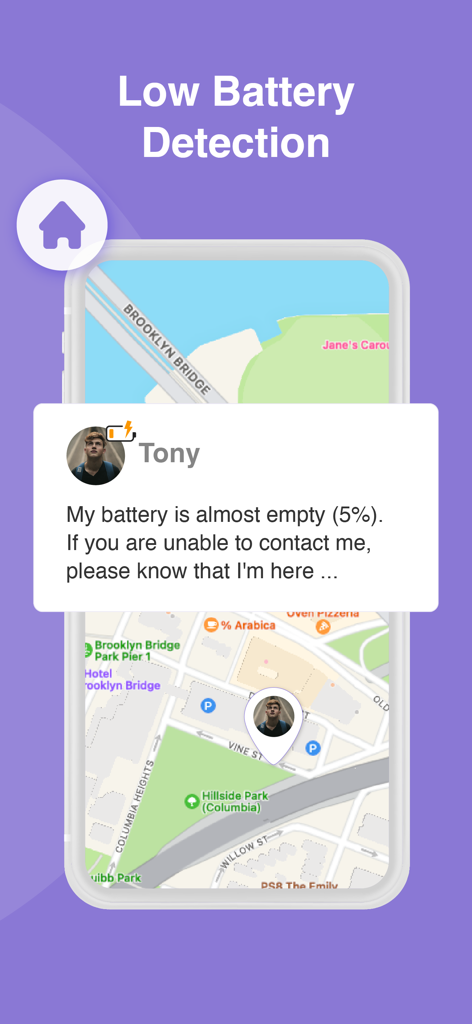 A screenshot showing a low battery notification from a friend on a map in the Friend Tracker app