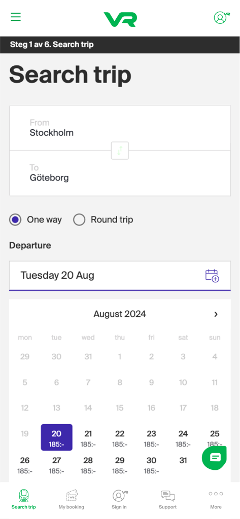 VR Resa - VR Resa 앱 인터페이스, 스톡홀름에서 예테보리로 가는 기차 여행 검색용, 달력 보기 포함