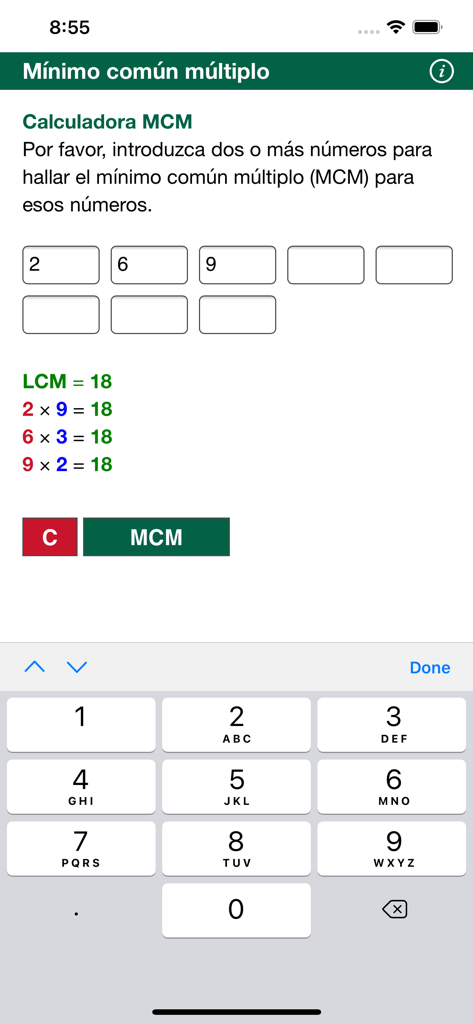 Interface of the Minimo comun multiplo app calculating the least common multiple and multipliers for numbers two six and nine.