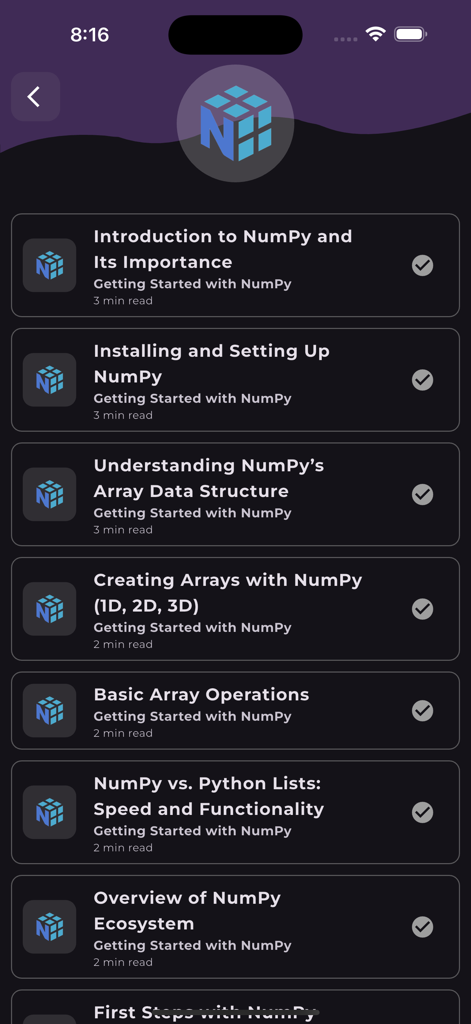 Learn NumPy - Una lista de módulos educativos en la aplicación Learn NumPy que incluyen tutoriales de introducción y operaciones básicas con arrays.
