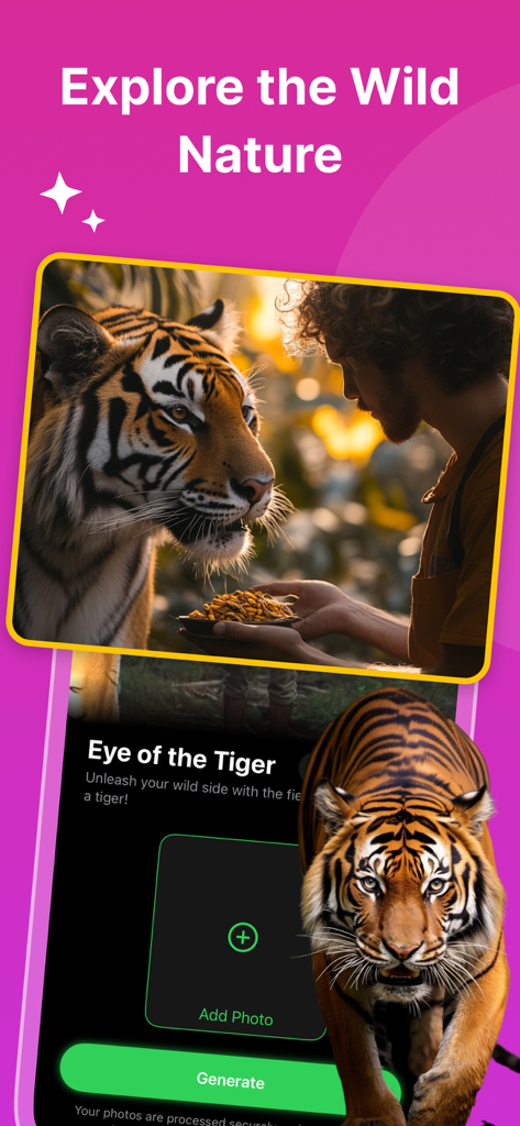 AI Video Edit Maker - Touchify - Touchify app interface showing the Eye of the Tiger animation effect with a generate button