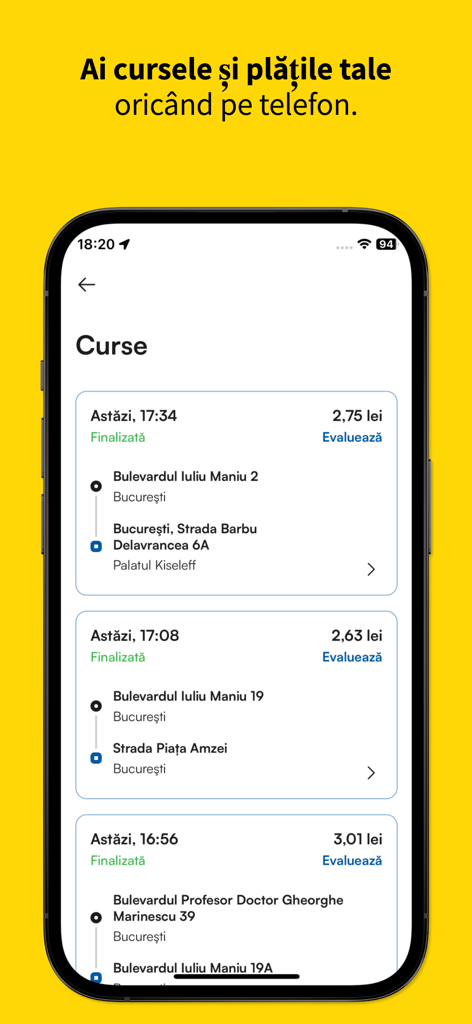 Meridian - Screenshot of the Meridian taxi app showing the ride history screen with trip details and prices in Bucharest