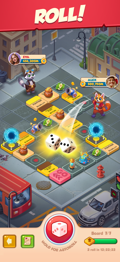 Gameplay de Age of Coins mostrando dados rolando em um tabuleiro de cidade.