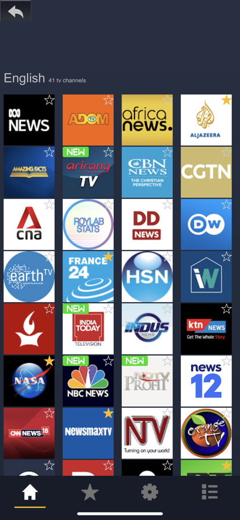Grid of international English live news and TV channel logos in Pick TV app