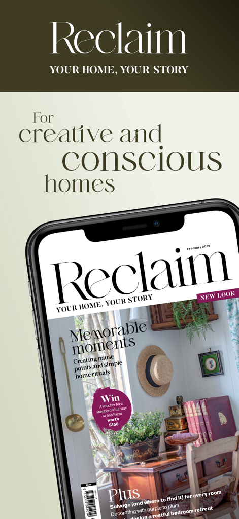 RECLAIM. - クリエイティブで意識的なホームデコレーションとアップサイクルのアイデアのための、Reclaimマガジンの表紙を表示するスマートフォン