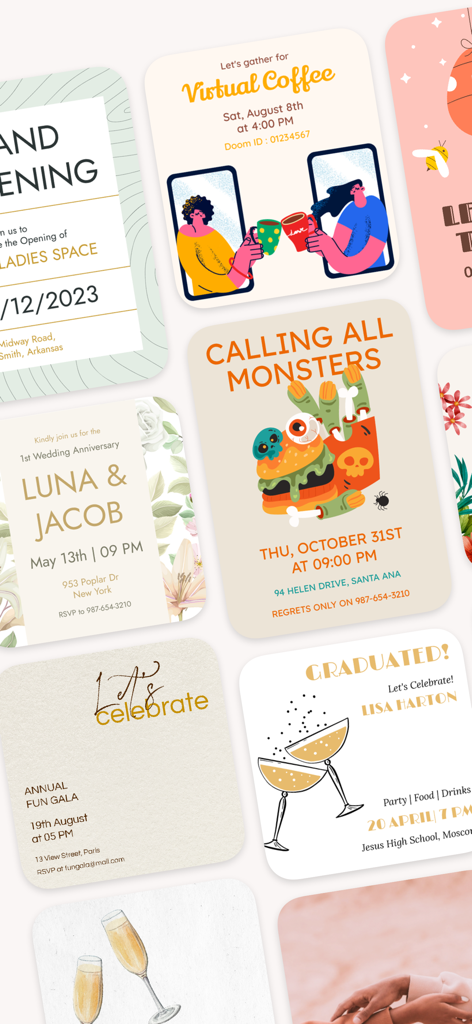 Collage de plantillas personalizables de invitaciones digitales y tarjetas de felicitación para diversos eventos sociales
