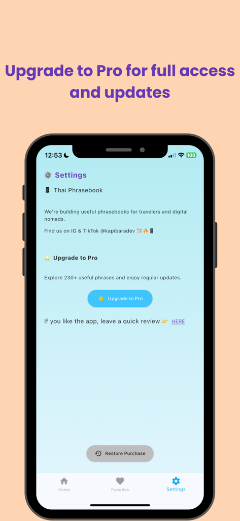 Thai Phrasebook for Travel - 旅行用タイ語フレーズ集アプリの設定画面。プロ版へのアップグレードオプションが表示されています。