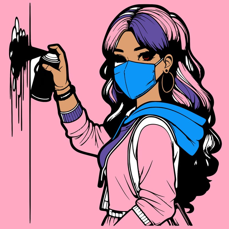 realistic girl with mask spray painting a wall