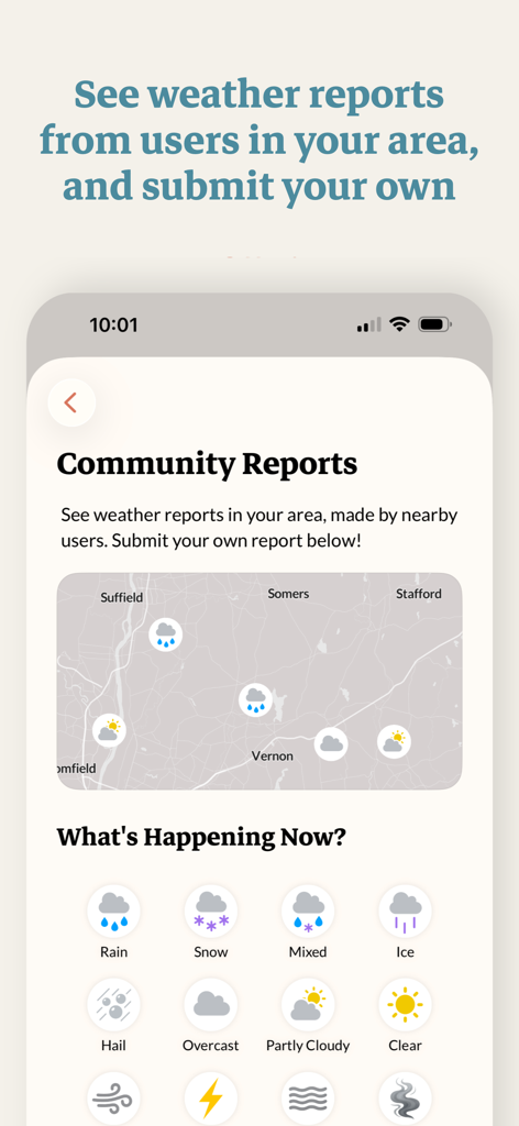 Acme Weather app screen showing community-sourced weather reports on a map and icons to submit current local weather conditions.