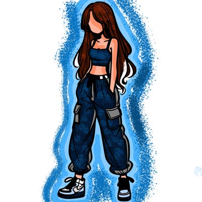 girl in baggy pants crop top and long hair