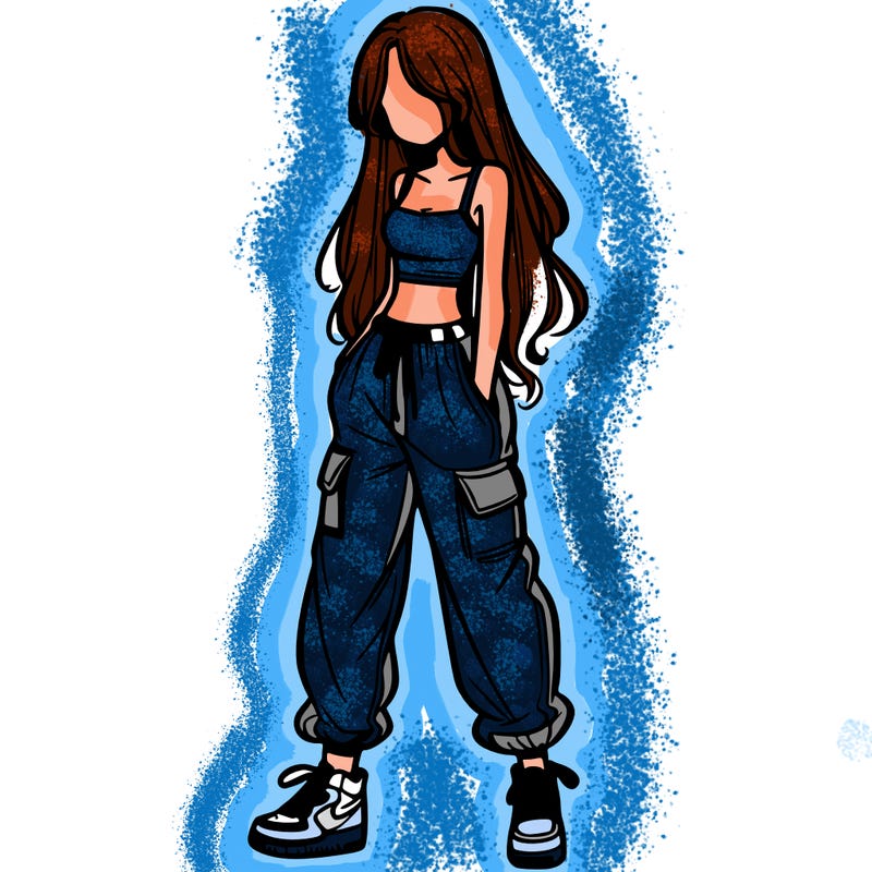 girl in baggy pants crop top and long hair