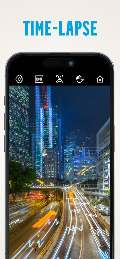 Gimbal Show - Écran de smartphone montrant l'application Gimbal Show en mode accéléré avec des traînées lumineuses de circulation urbaine.