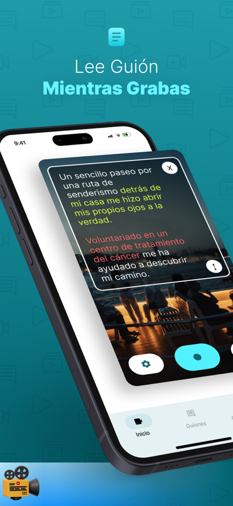 Teleprompter Pro Videos - Smartphone mostrando la aplicación Teleprompter Pro Videos con un guion de texto superpuesto en una pantalla de grabación de video.