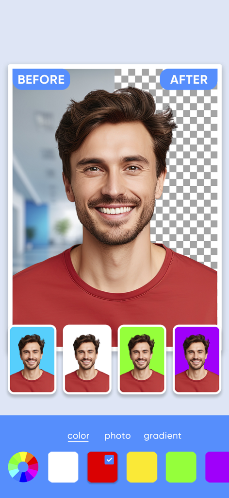 Passport photo maker - AI app - Before and after comparison of AI background removal for a passport photo with various color background options