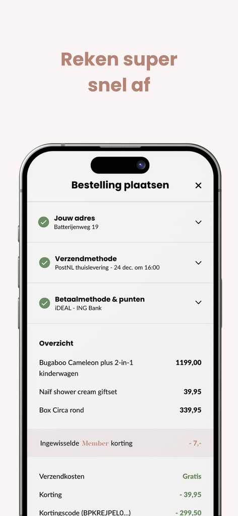 Ein Mobile-Screenshot des Babypark-App-Kassenbildschirms, der eine Bestellübersicht und Zahlungsdetails zeigt.