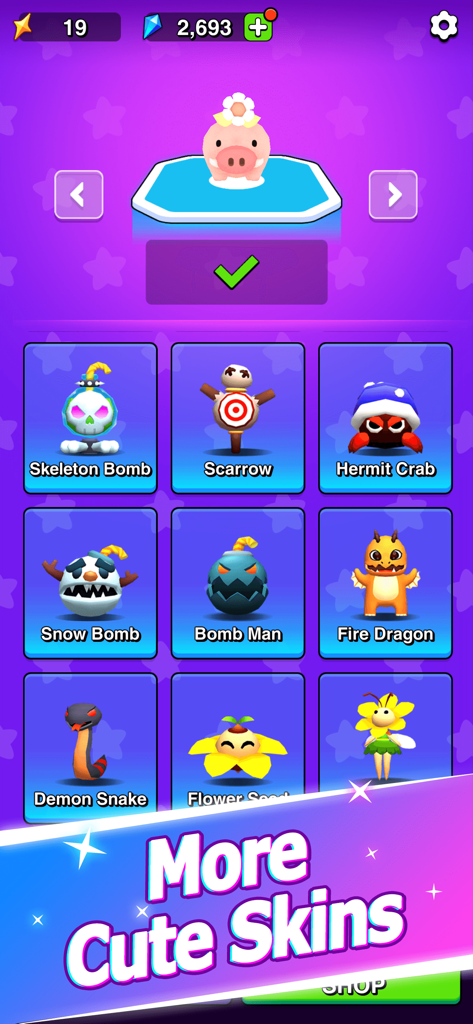 Dream Bounce - A character selection screen in Dream Bounce displaying various cute 3D skins like a pig, fire dragon, and skeleton bomb.