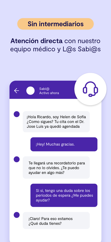 Sofía - Tela do celular mostrando uma conversa direta por chat entre um usuário e a equipe de suporte médico para agendamento de consultas