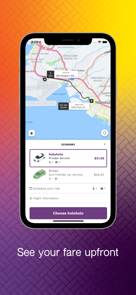 holoholo Mobility - Smartphone screen showing holoholo Mobility rideshare app upfront pricing and route map in Honolulu Hawaii