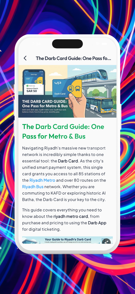 Guía de la Tarjeta Darb para pagos inteligentes del Metro de Riad y autobuses.