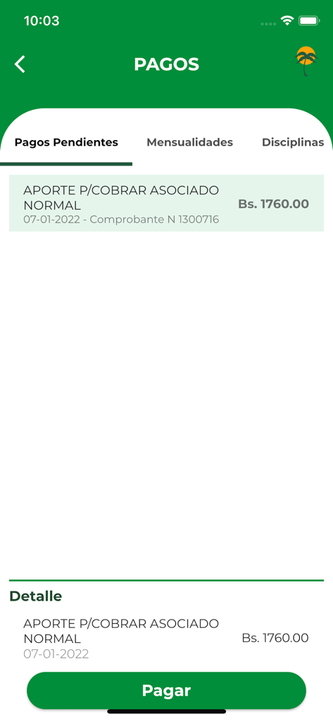 Las Palmas Country Club - Las Palmas Country Club mobile app interface showing pending payments and a pay button