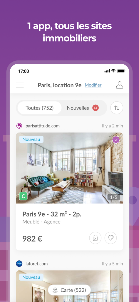 Mobile interface of Jinka app showing real estate search results and aggregated apartment listings feed