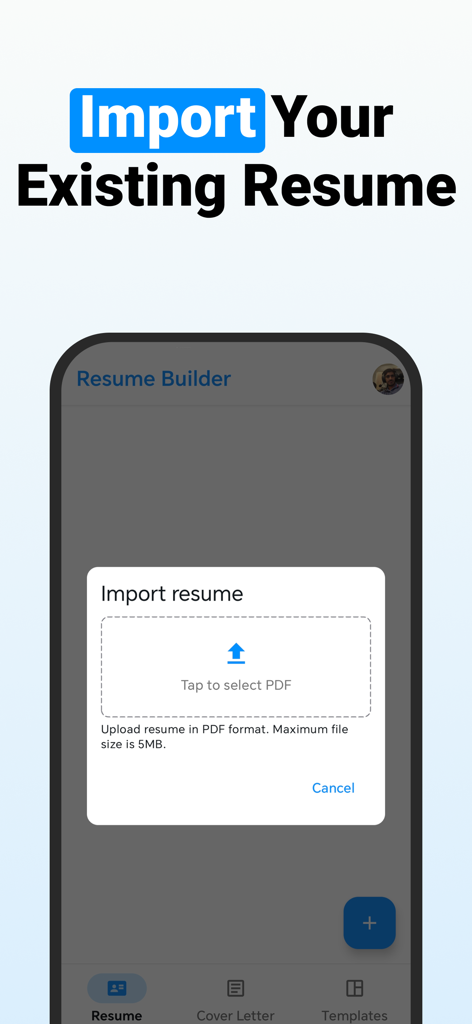 CV Maker, Resume Builder - Interfaz de la aplicación DuckResume que muestra la opción para importar un currículum PDF existente.